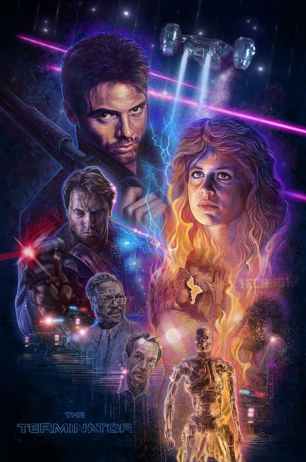 A vibrant, neon-style Terminator meme poster featuring stylized digital art of the original film's cast. The central figures are Sarah Connor with fiery hair and Kyle Reese with a determined gaze. Below them are the T-800 in human form and endoskeleton form, surrounded by purple laser beams, electrical lightning, and the title "THE TERMINATOR" in glowing blue text.