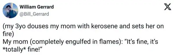 dark humor toddler meme regarding the infinite patience of grandmothers. The tweet imagines a 3-year-old setting their grandma on fire, only for the grandma to look out from the flames and insist, "It's fine, it's totally fine!"