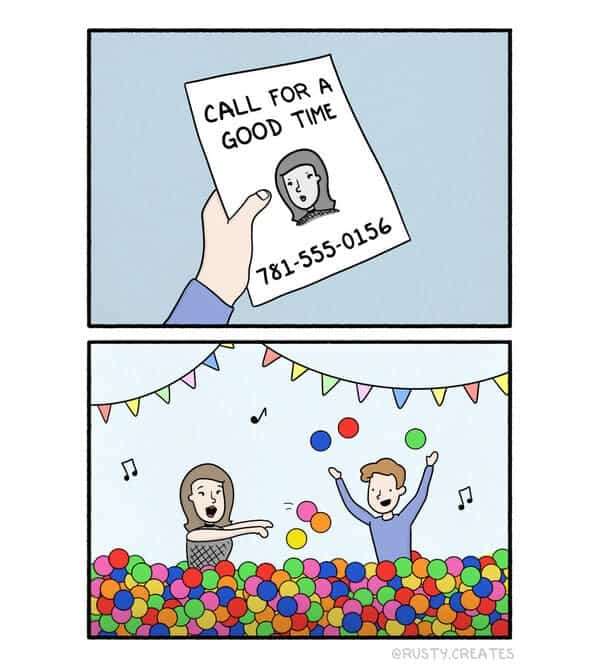 Hand holding a flyer for a good time which leads to an adult ball pit party.