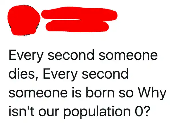Baffling social media post questioning why the global population isn't zero despite births and deaths.