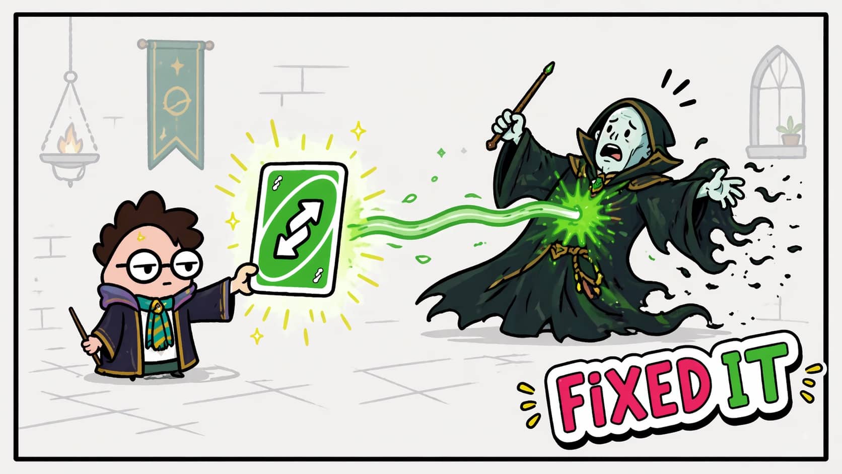 Harry Potter holds a green Uno reverse card to deflect Voldemort's Avada Kedavra killing curse spell.