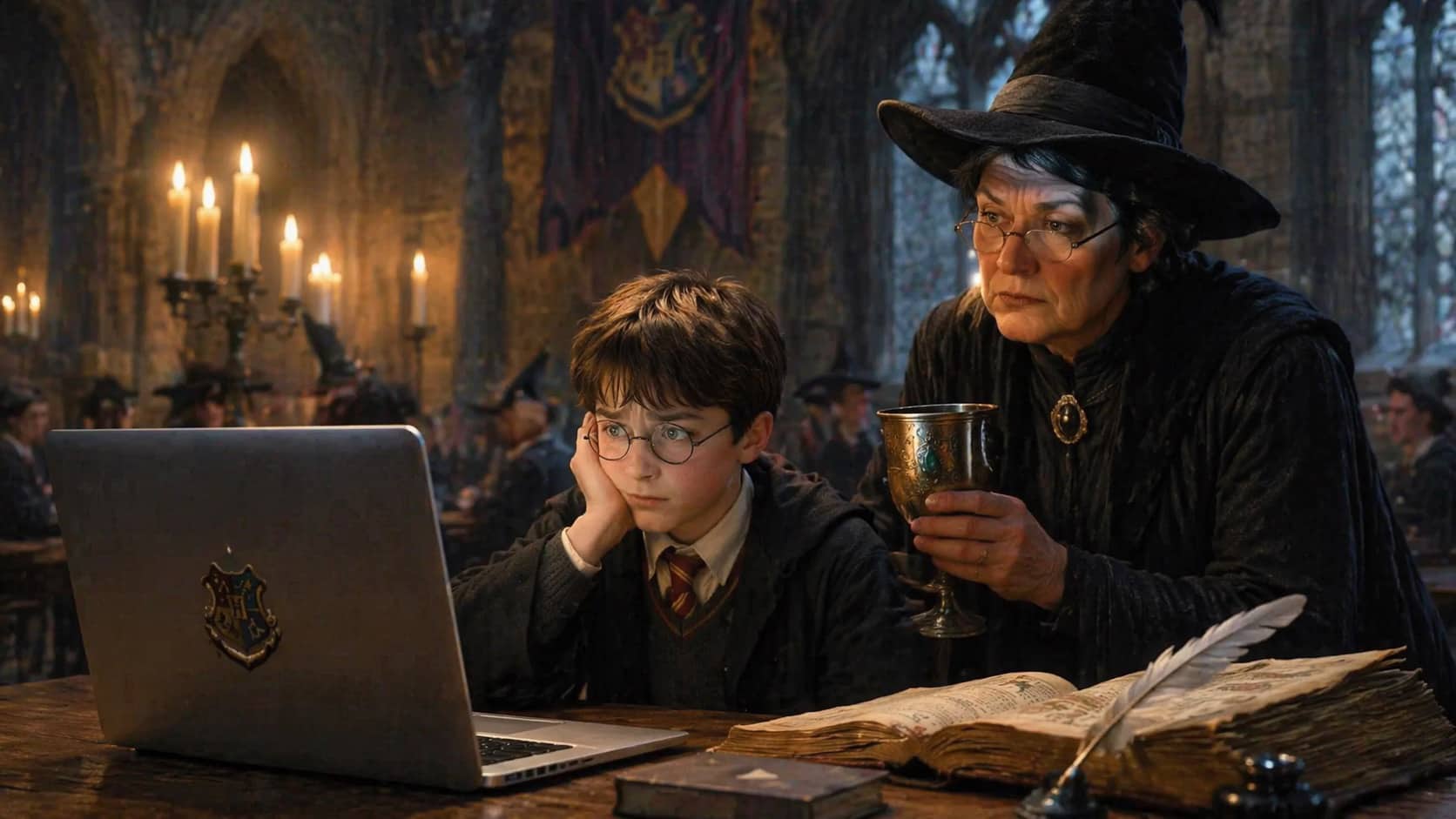 Harry Potter and Professor McGonagall looking confused at a laptop in the Hogwarts Great Hall.
