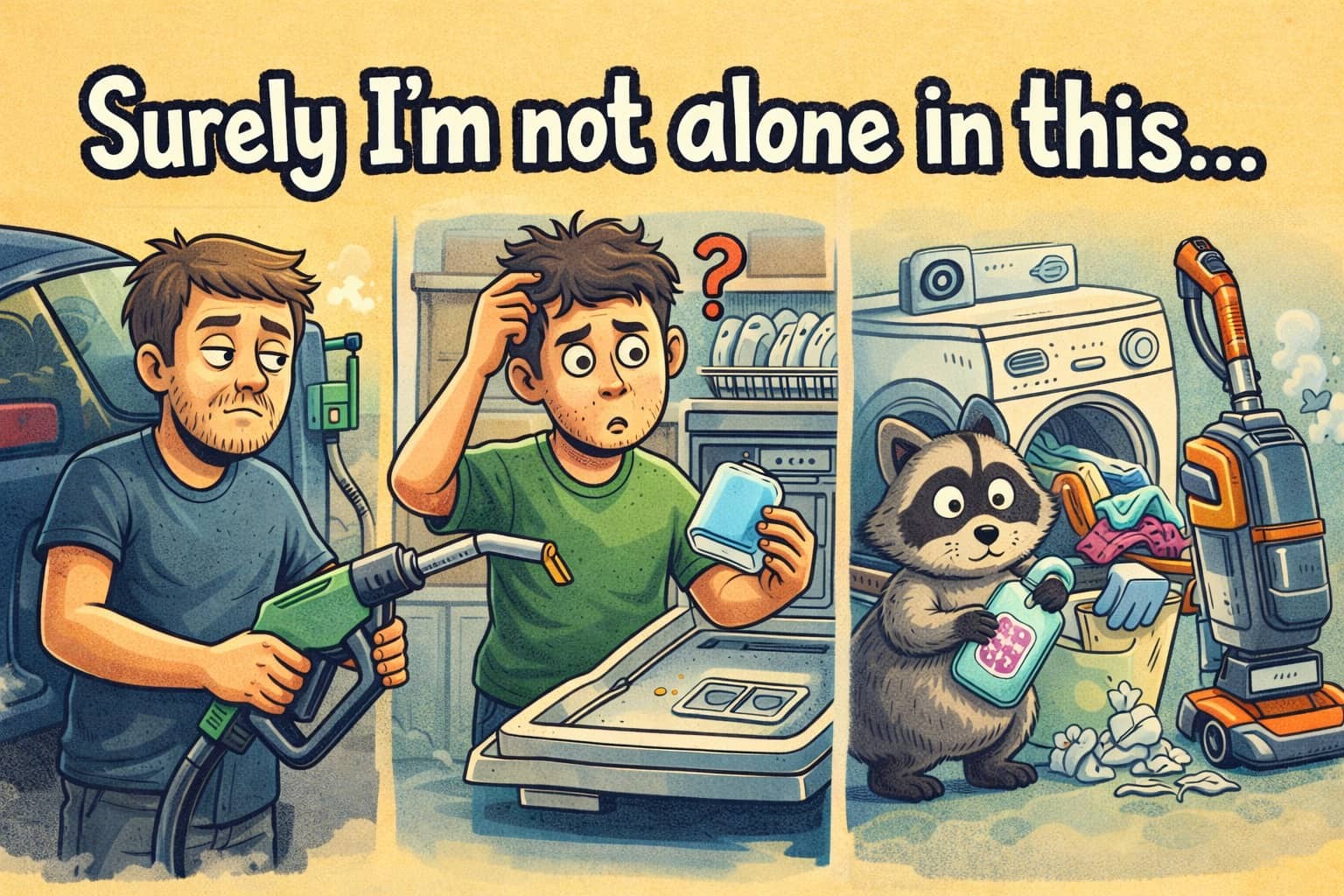 Cartoon of everyday things being used wrong including a raccoon doing laundry and gas pump confusion.