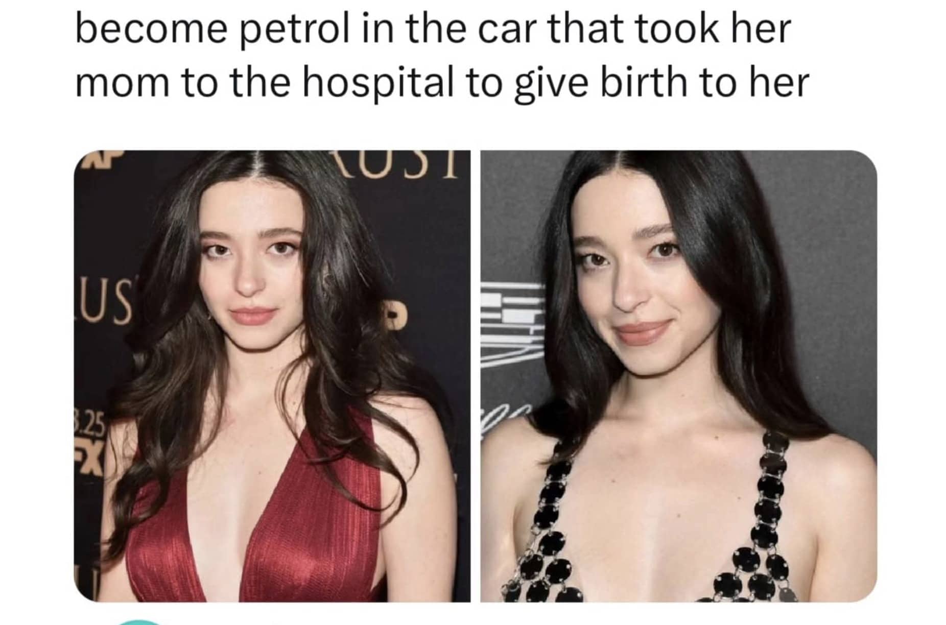 Two photos of actress Mikey Madison with a caption about becoming petrol for her birth car.
