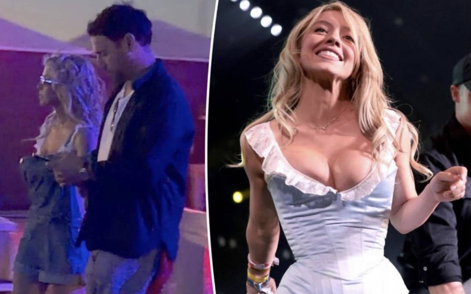 Side-by-side comparison of Sydney Sweeney in casual denim overalls versus a glamorous white corset dress.
