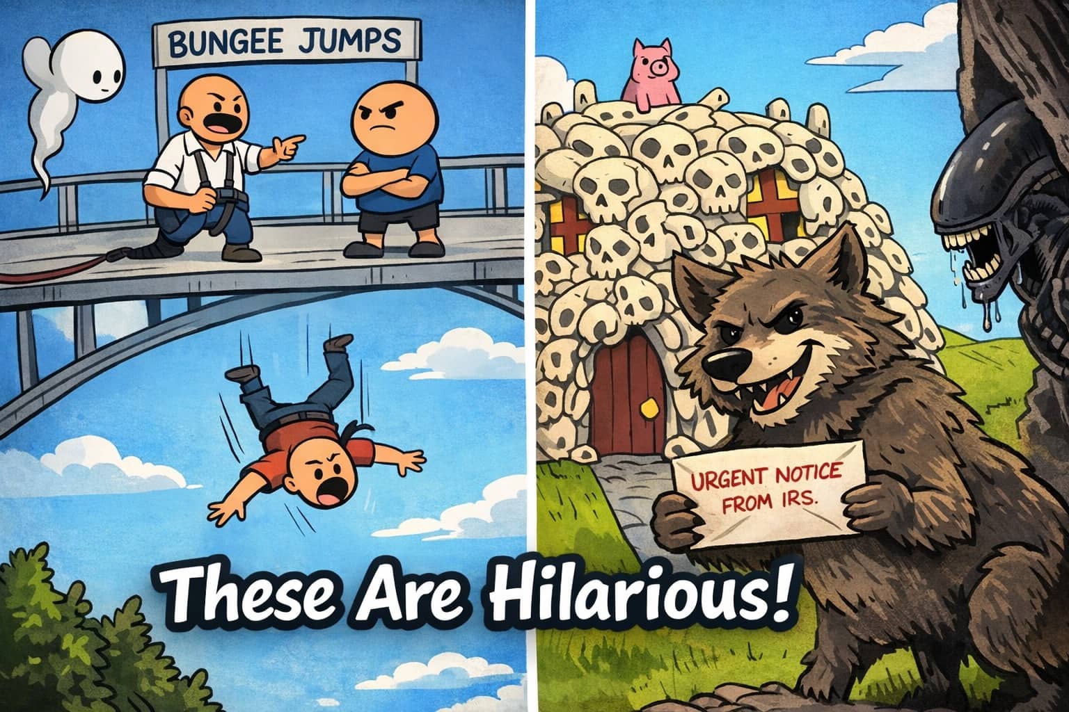 Funny webtoons compilation featuring a bungee jump accident, a skull house, and a wolf holding tax mail.