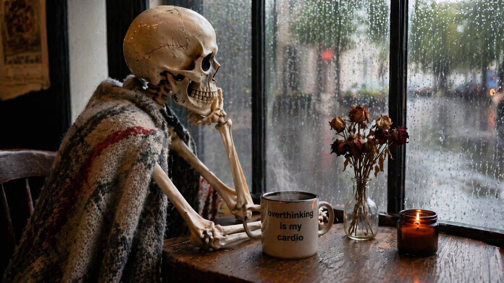 Skeleton sitting at a rainy window with a coffee mug that reads overthinking is cardio.