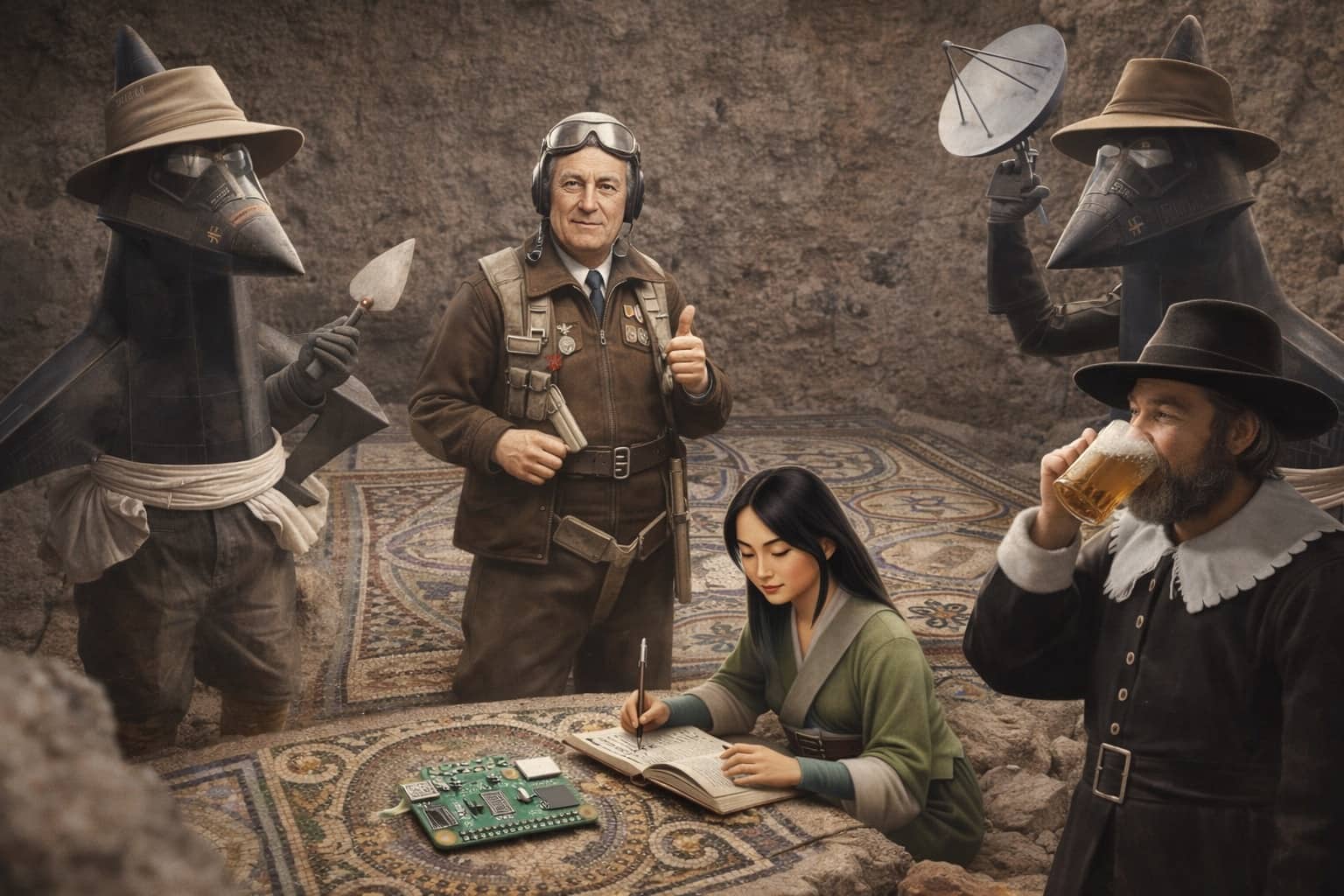 Weird history montage with plague doctors, a female scholar, and a pilgrim drinking beer in a cave.