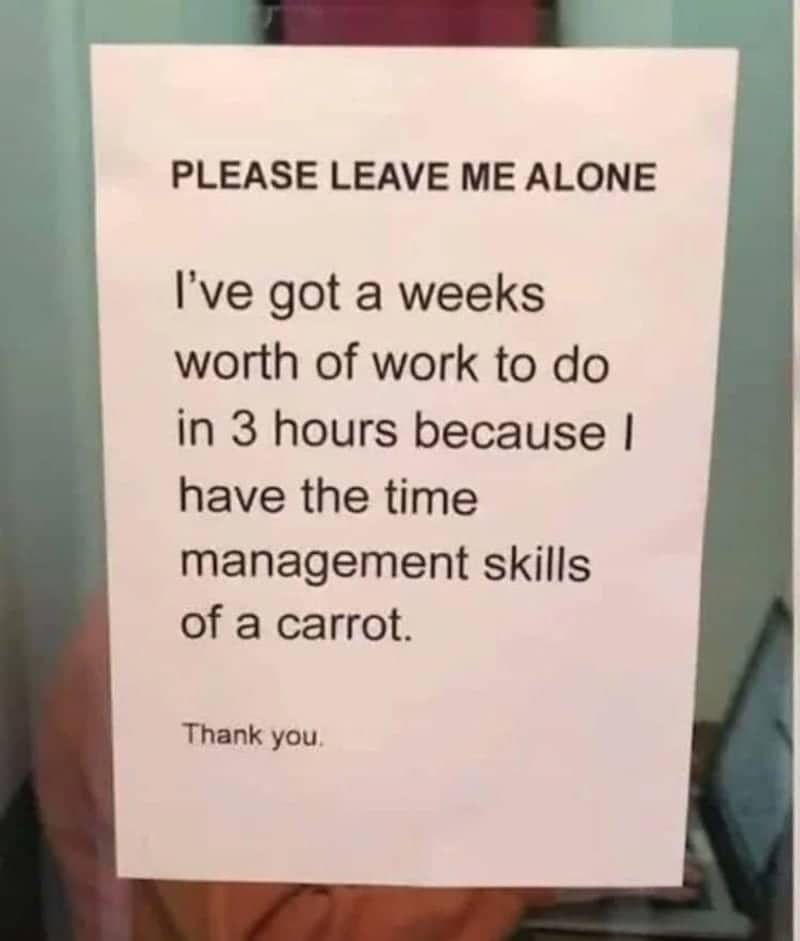 Handwritten sign reads please leave me alone I have time management skills of a carrot thank you