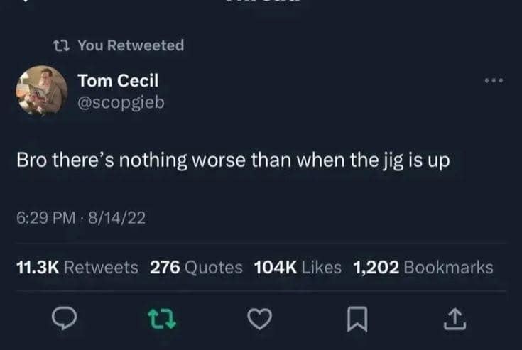 A minimalist classic meme consisting of a dark-mode tweet from user Tom Cecil. The text, which has garnered over 100k likes, simply states: "Bro there’s nothing worse than when the jig is up," tapping into the universal dread of being found out.
