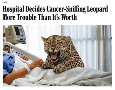 surreal funny picture styled as a news headline: "Hospital Decides Cancer-Sniffing Leopard More Trouble Than It's Worth." The accompanying photo shows a literal leopard snarling on a hospital bed next to a patient.