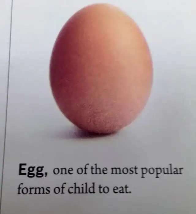 A standard tan chicken egg is presented with a terrifyingly literal caption in this cursed image. The text below the smooth shell matter-of-factly describes the breakfast staple as "one of the most popular forms of child to eat."