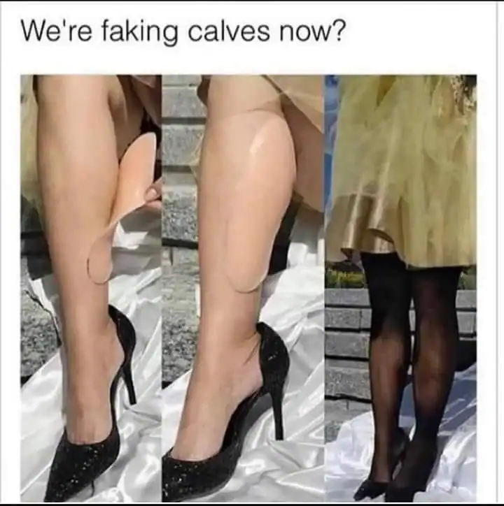 This three-panel cursed image documents a bizarre beauty hack involving silicone calf prosthetics. The photos show someone applying a skin-toned, fleshy pad to their lower leg to artificially enhance their muscle definition under sheer black tights.