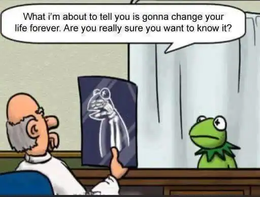 A dark comic panel presents a cursed image of a medical consultation between a doctor and Kermit the Frog. The doctor holds up an X-ray that shatters the fourth wall, revealing the skeletal structure of a human hand operating inside Kermit’s body.
