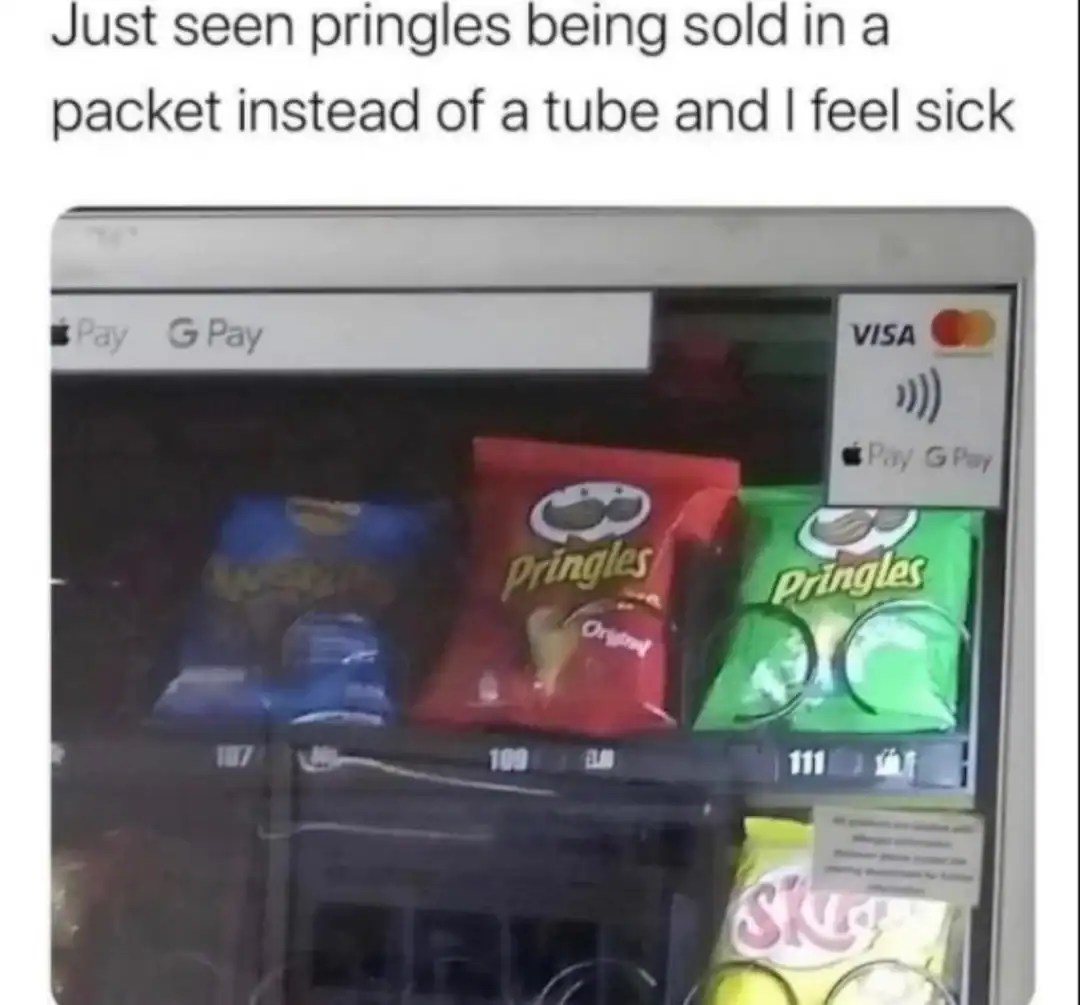 A vending machine presents a culinary nightmare in this cursed image of Pringles sold in plastic bags. Defying the laws of snack physics, the stackable potato discs are displayed in standard crinkle-cut bags rather than their protective cardboard tubes.