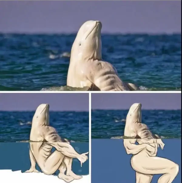 This three-panel cursed image illustrates a beluga whale surfacing in the ocean, only to reveal a hyper-muscular human physique underwater. The artistic interpretation gives the whale a set of buff, squatting legs and a firm backside that no marine biologist ever intended to see.