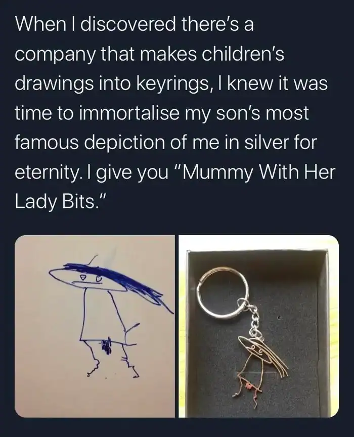 A child’s crude blue ink drawing is immortalized as a silver keychain in this deeply awkward cursed image. The jewelry perfectly replicates a stick figure with wild hair and a very specific, anatomical shaded region between the legs, titled "Mummy With Her Lady Bits."