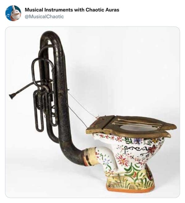 A bizarre cursed instrument fusion of a ceramic toilet and a tuba. The floral-patterned toilet bowl has been modified with a bridge and strings on the seat, while a large brass tuba horn is attached to the plumbing as a giant, melodic exhaust pipe.