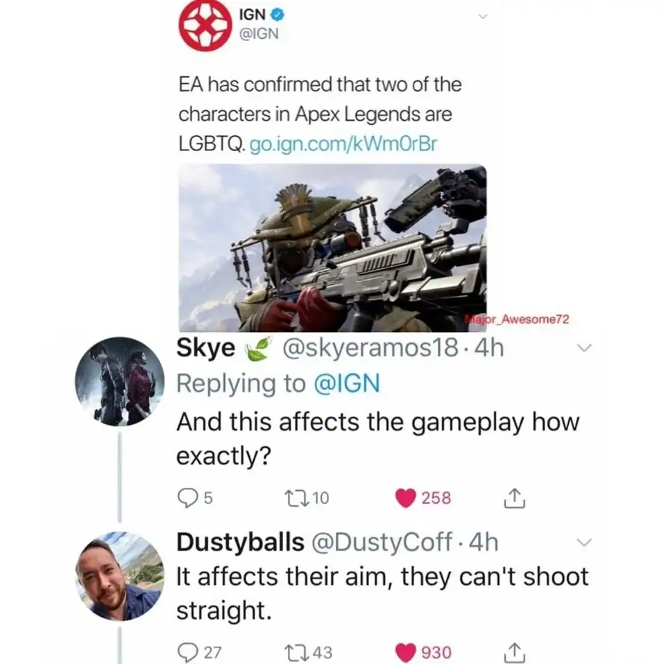 A viral dad joke exchange on X (formerly Twitter). In response to an IGN report about LGBTQ characters in Apex Legends, one user asks how it affects gameplay. User Dustyballs delivers the punchline: "It affects their aim, they can't shoot straight."