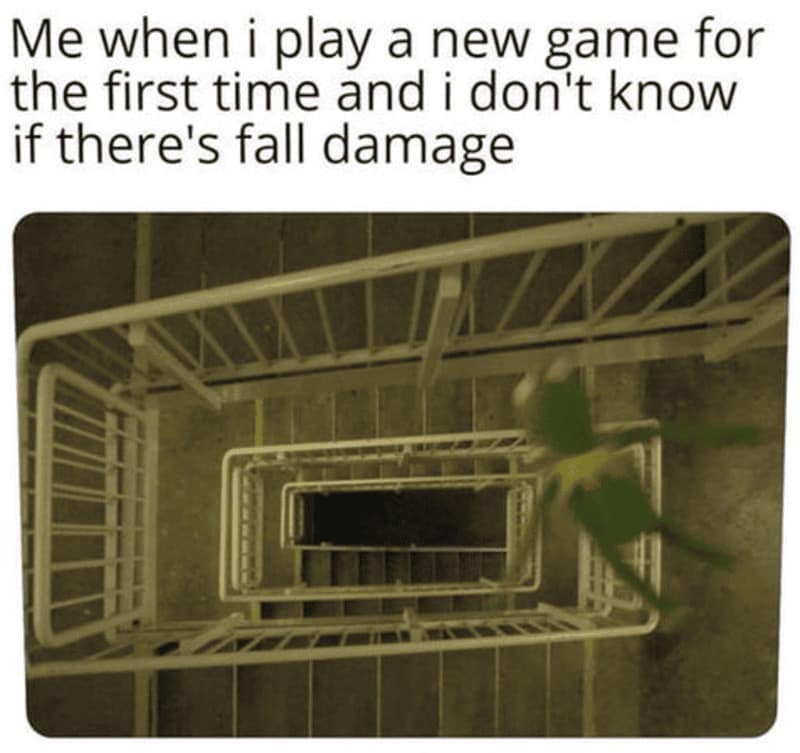 funny rpg meme showing Kermit the Frog mid-plunge into a deep, dark concrete stairwell. The text reads: "Me when i play a new game for the first time and i don't know if there's fall damage," capturing the universal "science project" every player conducts.
