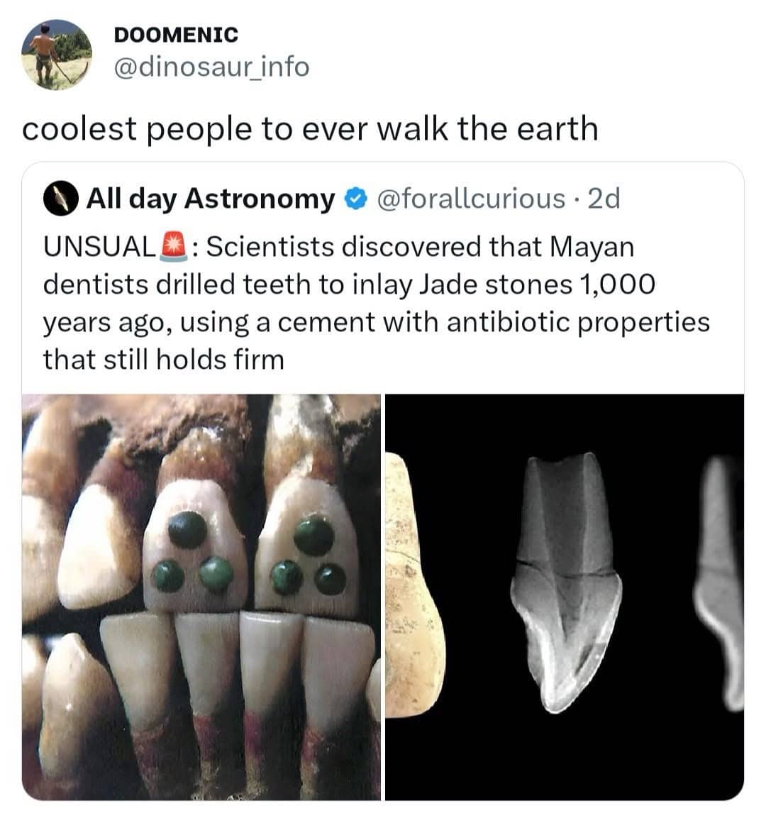 Ancient Mayan teeth featuring inlaid jade stones 1,000 years ago with a funny caption about coolness.