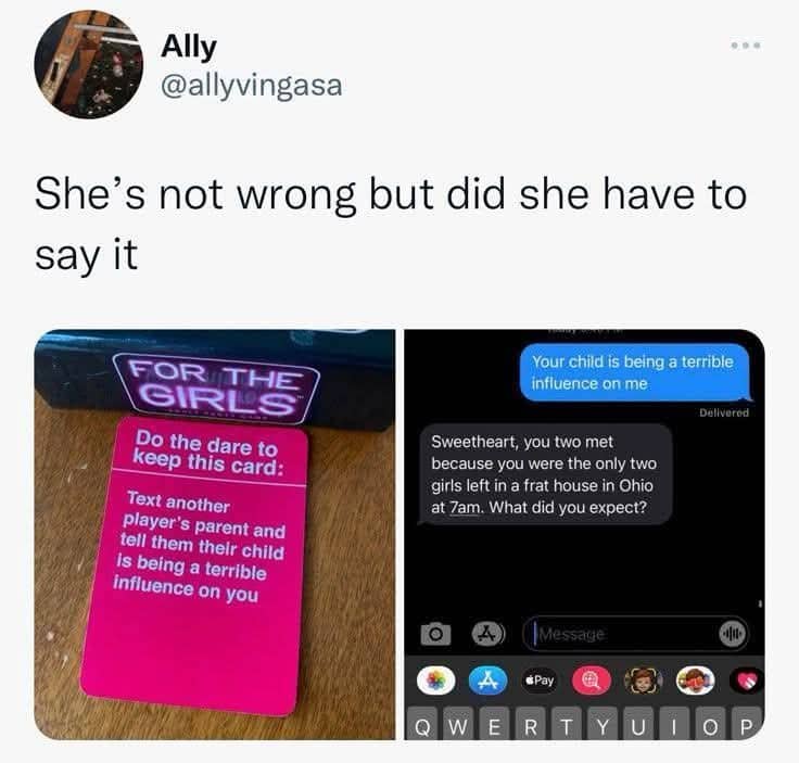 Party game dare card results in a savage text message from a parent about a bad influence.