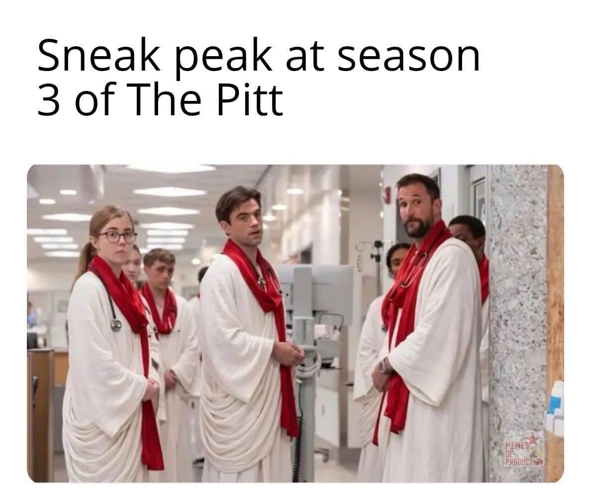 Funny meme showing medical doctors wearing white Roman togas and red sashes in a hospital.