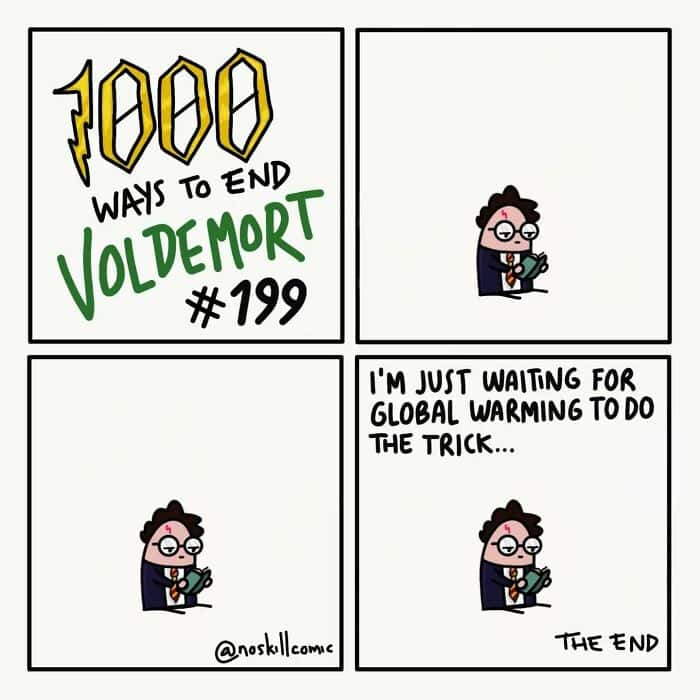 1000 Ways to End Voldemort comic #199 shows Harry slumped on a bench waiting for global warming to handle Voldemort.