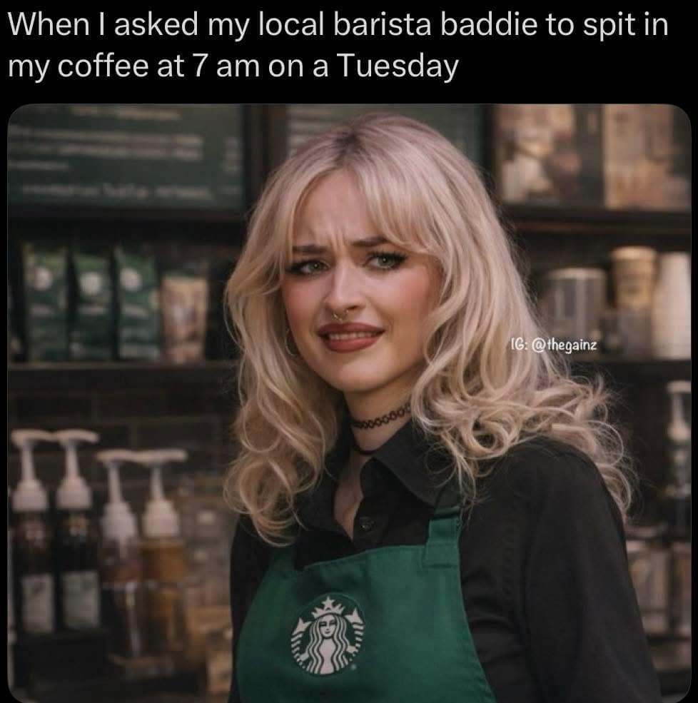 A screenshot of Sabrina Carpenter looking disgusted in a barista uniform serves as a hilarious meme reacting to a customer asking for something wildly inappropriate during a 7 AM coffee run on a Tuesday.