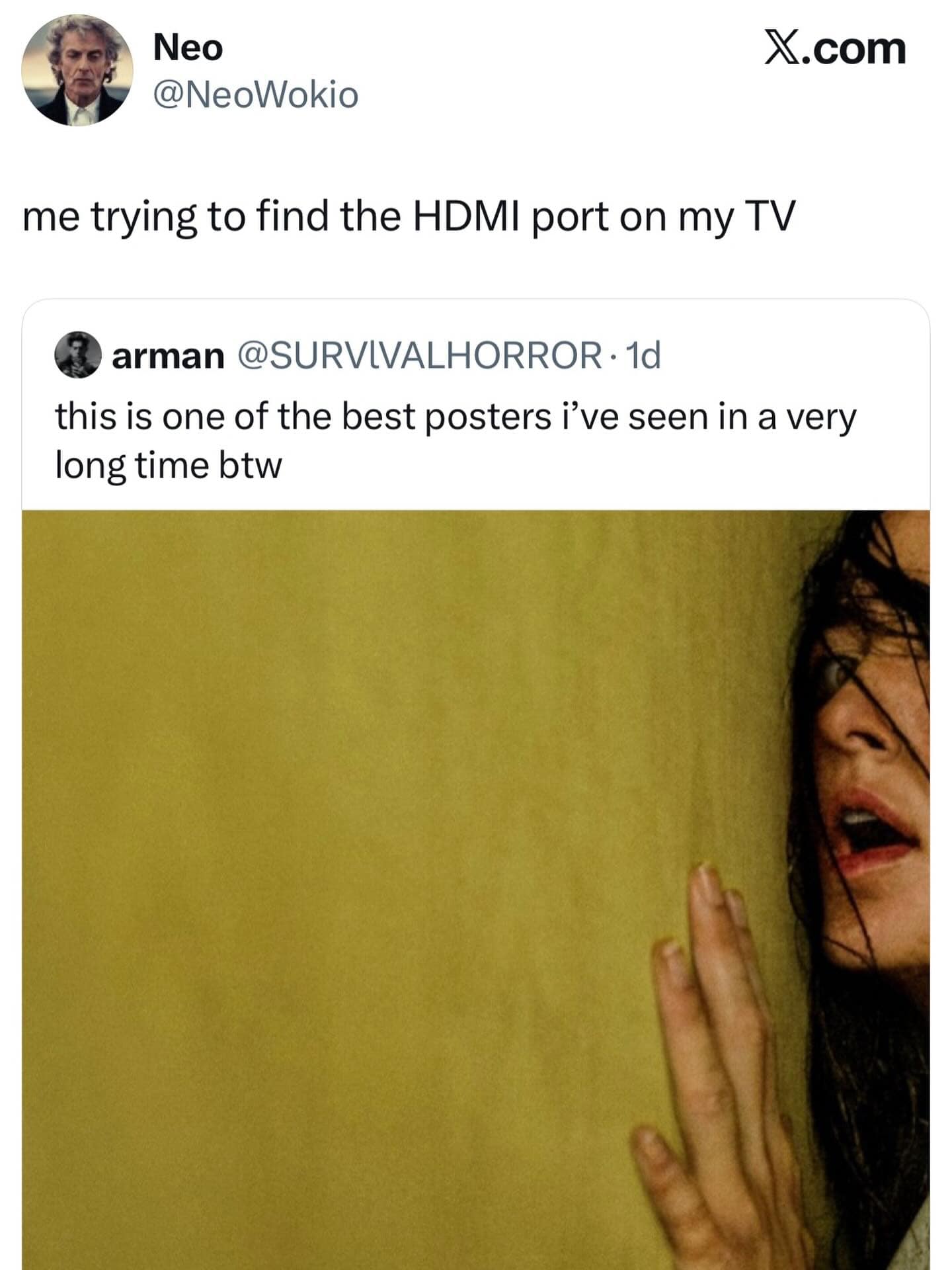 funny meme quote-tweeting a movie poster that shows a woman frantically feeling along a blank yellow wall. The caption perfectly describes the universal struggle: "me trying to find the HDMI port on my TV."
