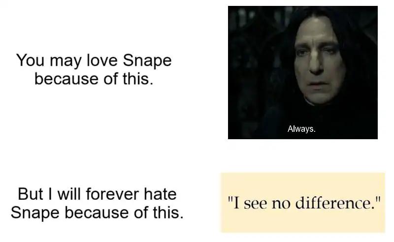 Two-panel Snape meme showing "Always" makes fans love him but "I see no difference" makes fans hate him