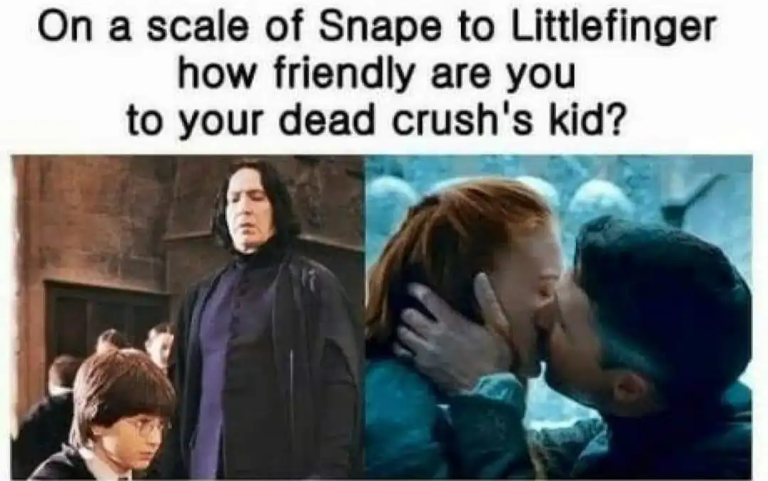 Harry Potter meme asking on a scale of Snape to Littlefinger how friendly you are to your dead crush's kid