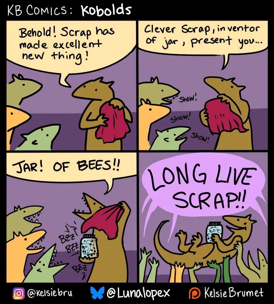 A colorful four-panel webcomic by Kelsie Brumet depicts a group of excited lizard-like kobolds celebrating their low-level inventor friend "Scrap" after he unmasks his brilliant and chaotic new creation: a literal jar full of angry buzzing bees, serving as an elite d&d meme on goblinoid logic.