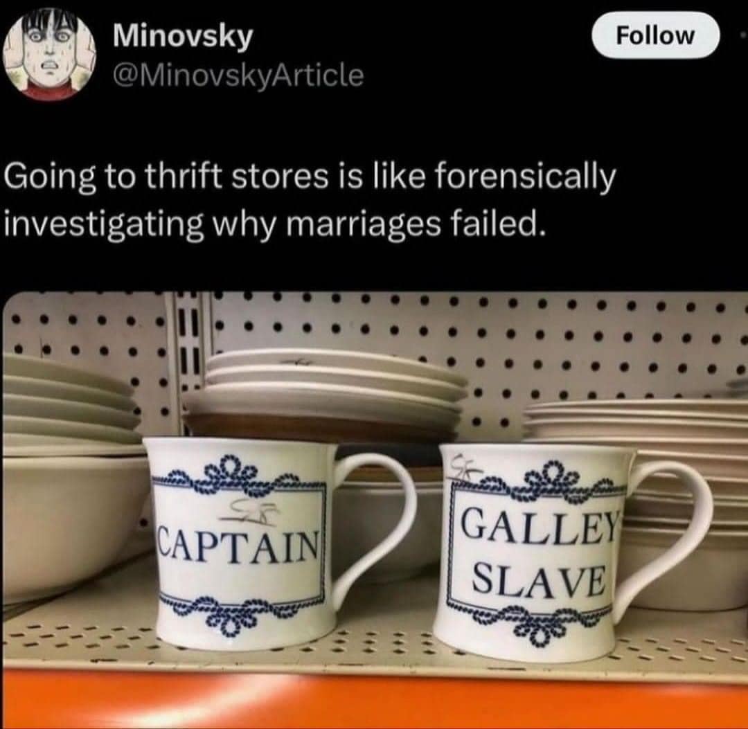 A pair of thrift store mugs; one says "CAPTAIN" and the other says "GALLEY SLAVE." The tweet text observes that thrift stores are basically forensic investigations into why marriages failed.