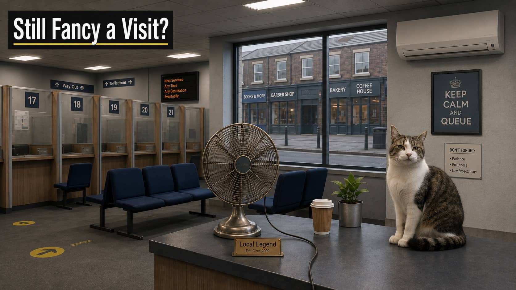 Domestic tabby cat sitting on a counter inside a humorous British train station waiting room