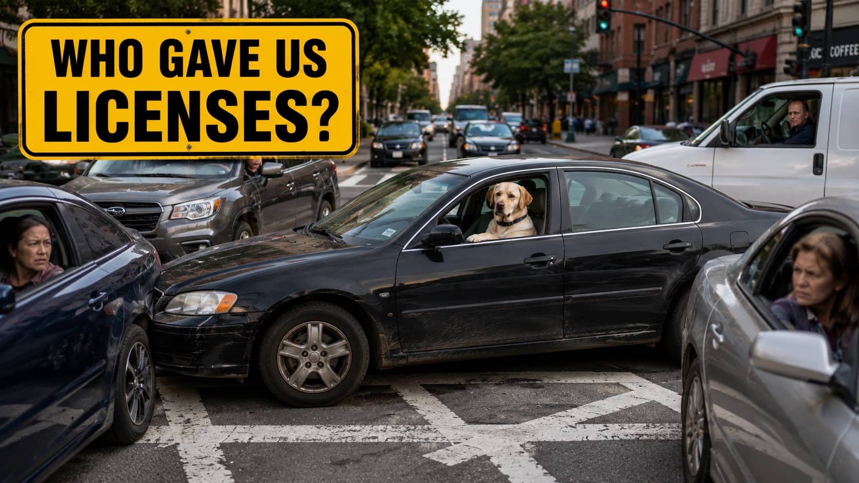 Funny traffic meme showing a Golden Retriever sitting in the driver seat of a crashed car.