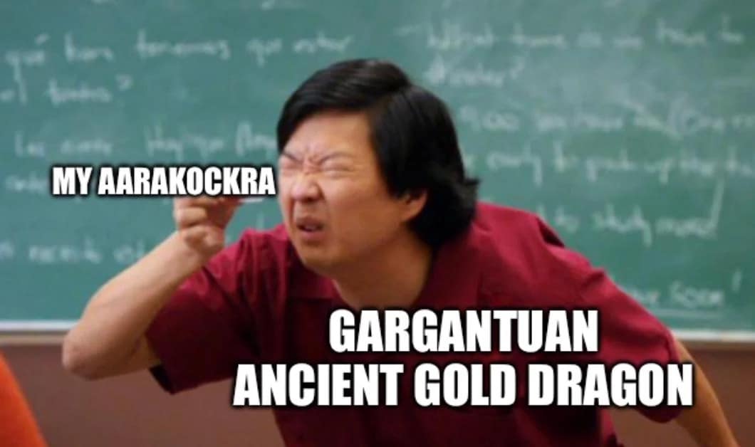 A classroom scene edit functioning as a scale-perspective d&d meme, showing Ken Chang from Community aggressively squinting at a tiny paper slip labeled "Gargantuan Ancient Gold Dragon" while playing a bird-person character.