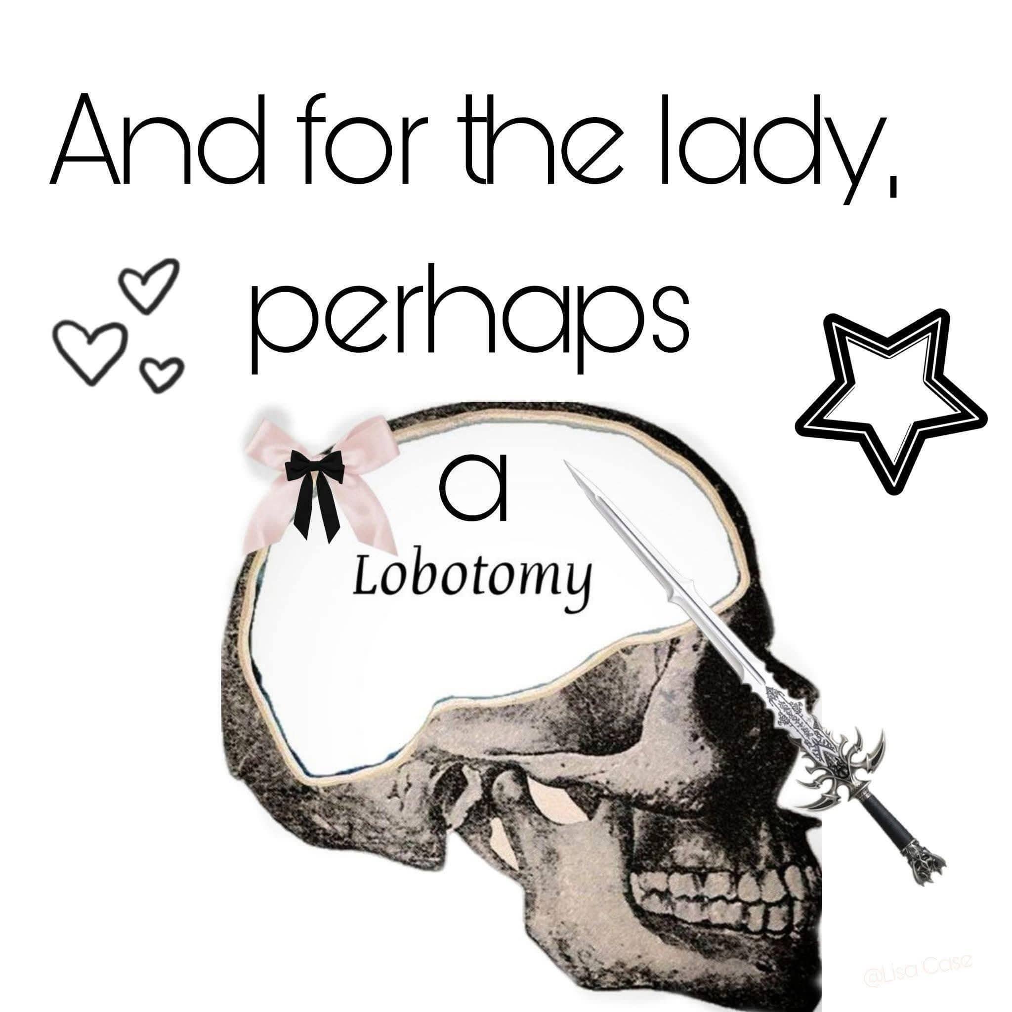 Surreal gothic internet humor image depicting a skull adorned with a pink ribbon bow.