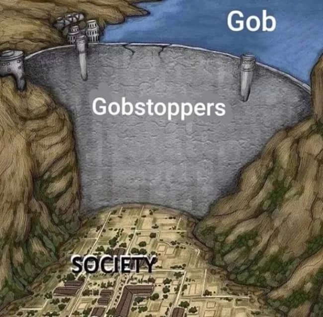 Satirical object-labeling dam meme illustrating how Gobstoppers protect society from the concept of gob.