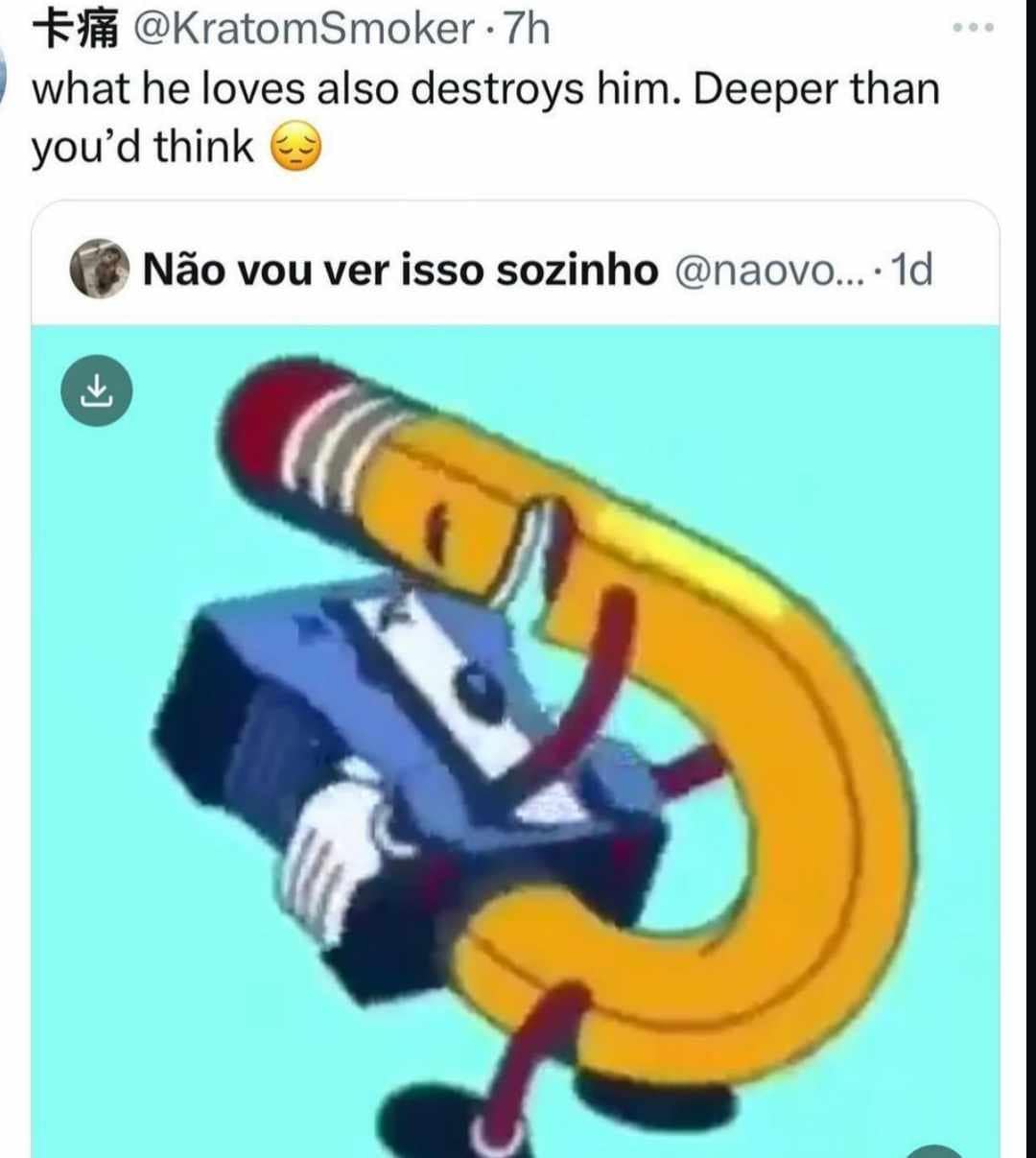 An animated cartoon screen grab from a funny meme showing a living pencil character bending in half to insert its own face into a living blue pencil sharpener, paired with a deep pseudo-philosophical caption.