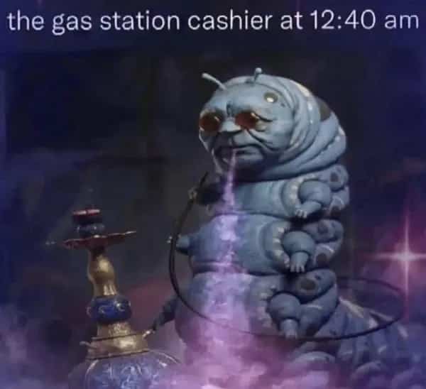 Caterpillar smoking a hookah from Alice in Wonderland meme about late night gas station cashiers.