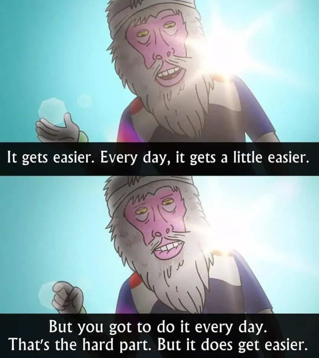 Animated baboon running scene with inspirational quotes about daily habit building in motivational memes.