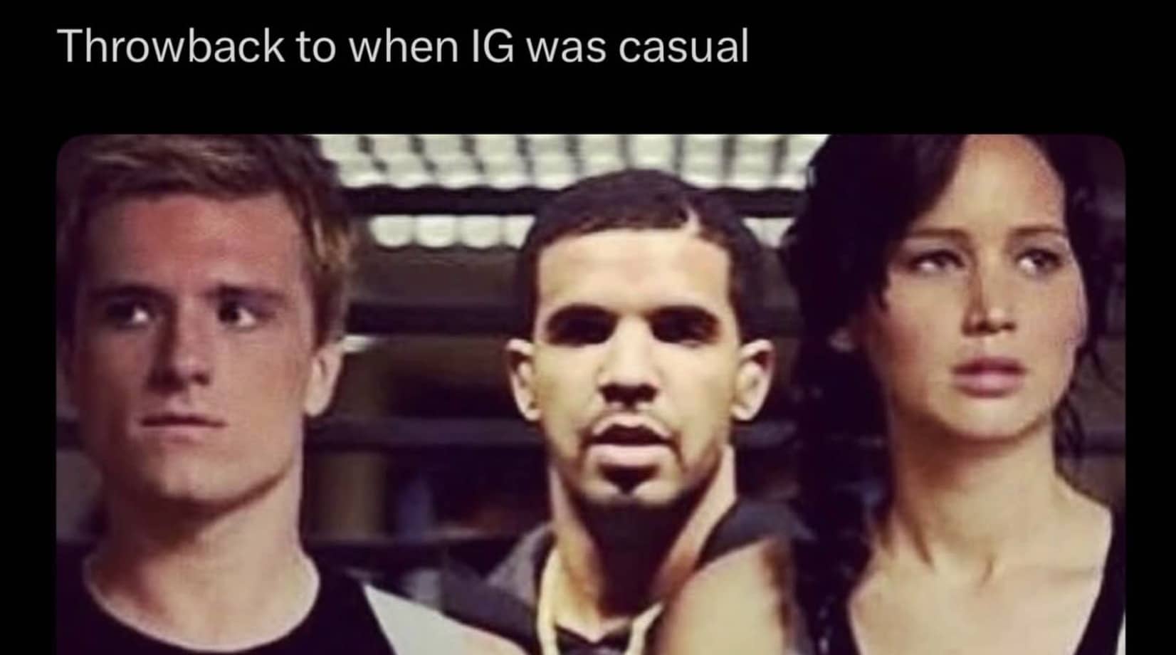 Funny meme showing celebrity faces photoshopped together with text about throwback Instagram being casual.