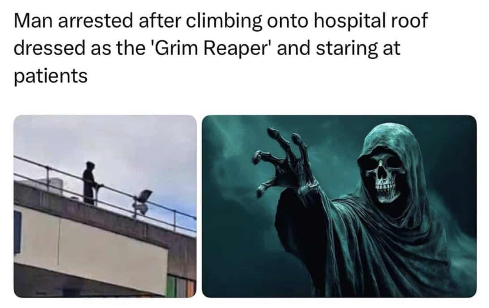 Funny meme featuring a news headline about a man dressed as the Grim Reaper.