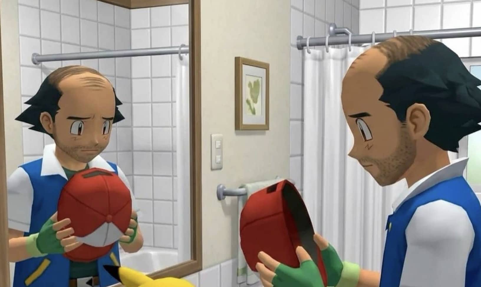 Aging balding Ash Ketchum looking in the bathroom mirror holding his classic red hat funny meme.
