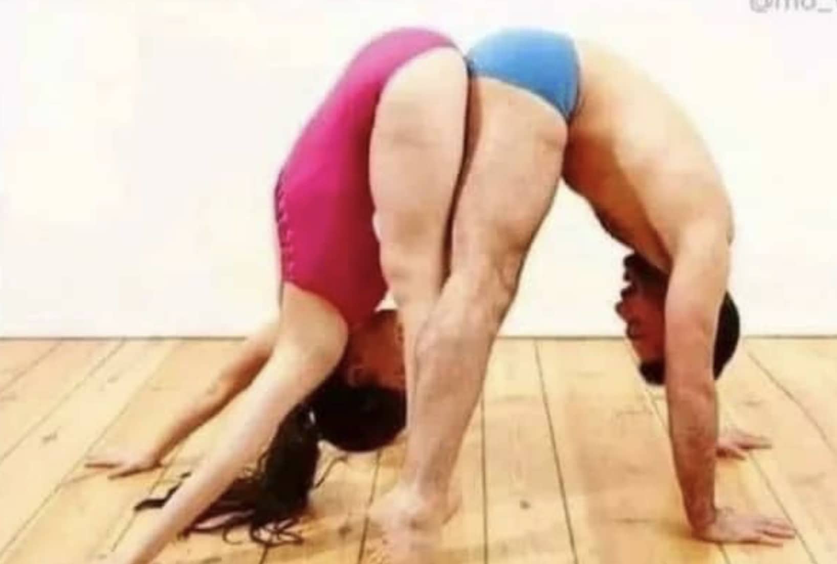 Man and woman wearing athletic wear bending backward together in an acrobatic pose optical illusion meme.