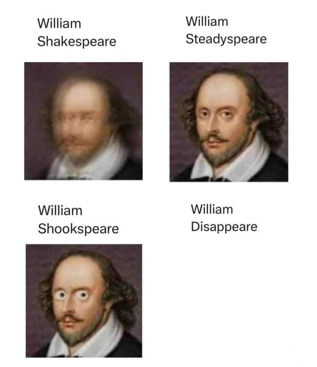 A literary pun dad joke grid displaying portraits of William Shakespeare modified into "William Shakespeare" (blurry), "William Steadyspeare" (sharp), and "William Shookspeare" (wide-eyed).