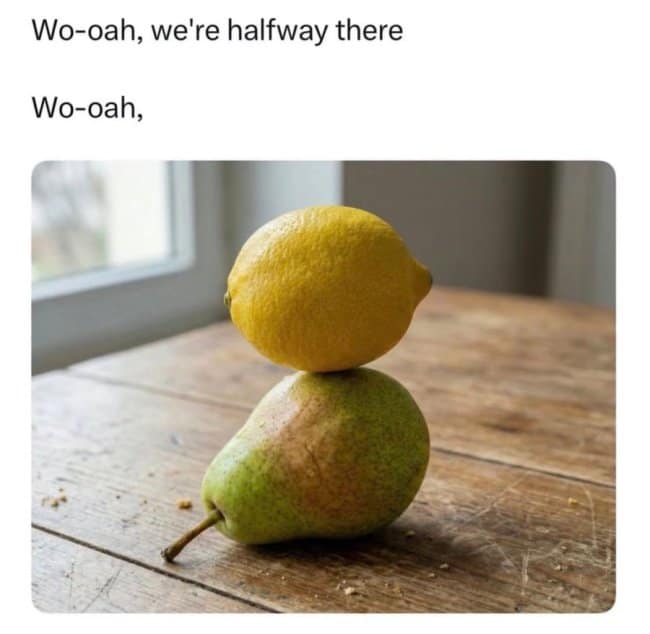 A classic 80s rock lyric dad joke featuring a yellow lemon balanced on top of a green pear on a wooden table, referencing Bon Jovi's "Livin' on a Prayer."