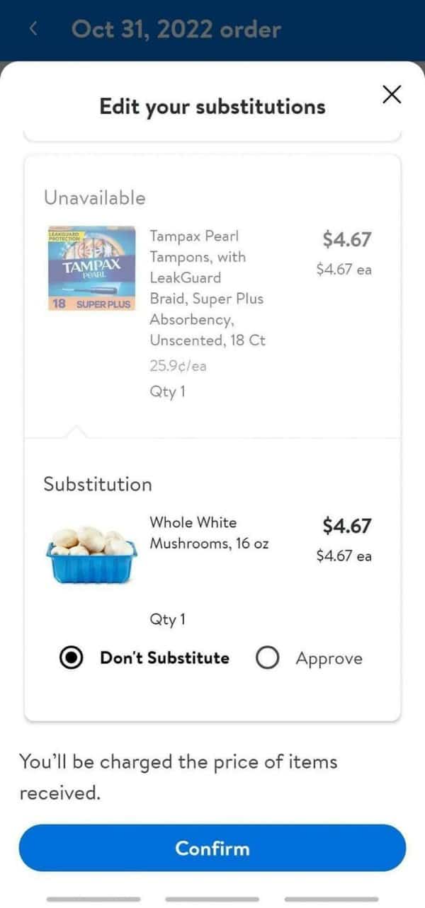 Grocery delivery substitution fail replacing feminine hygiene tampons with a container of white button mushrooms.