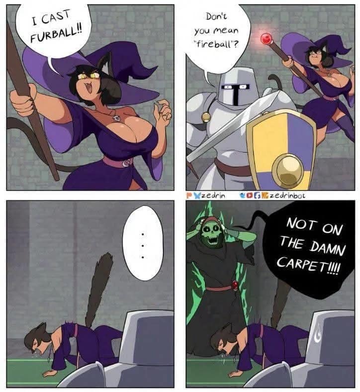 A four-panel comic featured as a dnd meme where a catgirl witch announces she is casting "furball" instead of fireball, then hacks up on the floor while a necromancer screams "NOT ON THE DAMN CARPET!!!!"